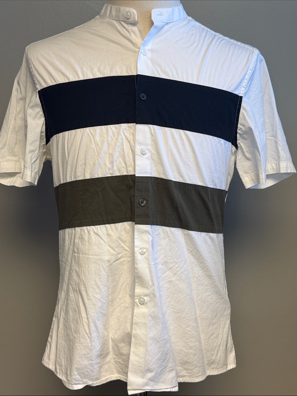 ASOS Men's Large Banded Collar Colorblock Shirt White Black Short Sleeve Stretch - Picture 3 of 5